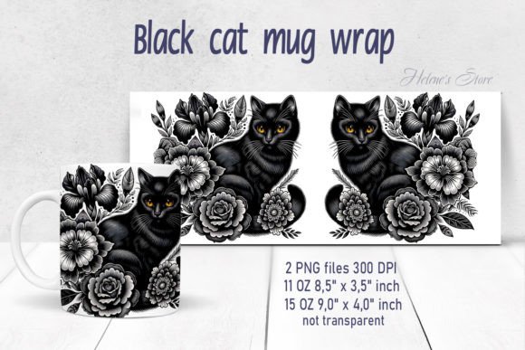 Black Cat in Flowers Mug Wrap Sublimate for Crafts and Graphics